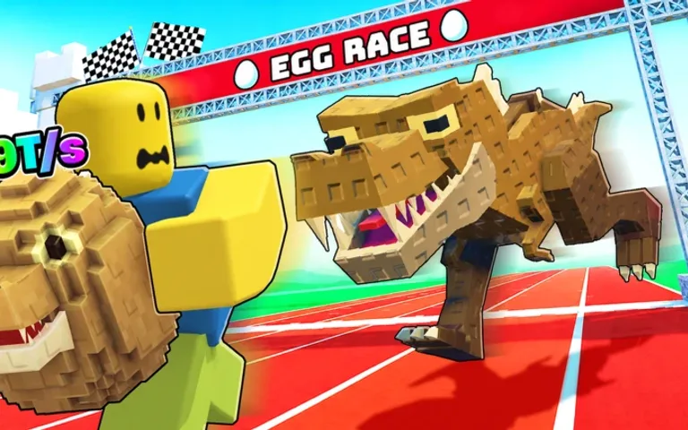 A player carrying an egg and earning cash per second while a T-Rex chases