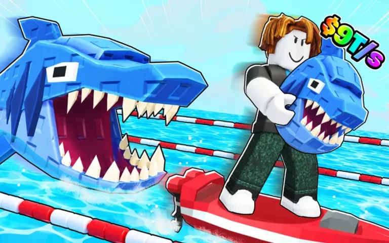 A player on a paddleboard holding a shark egg beside a giant blue shark
