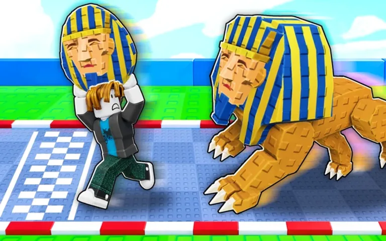 A player carrying a pharaoh-masked SPHINX egg with the SPHINX boss in pursuit