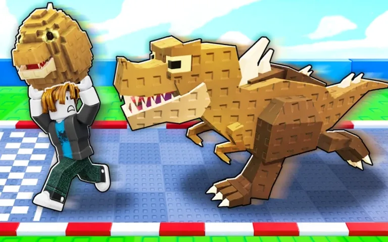 A player sprinting over a checkered line carrying a T-Rex egg with a T-Rex in pursuit