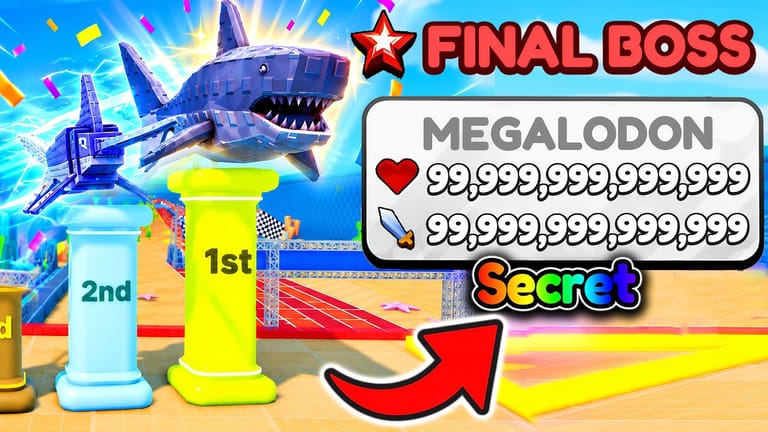 Race for Eggs video thumbnail showing a max-level MEGALODON pet on a podium